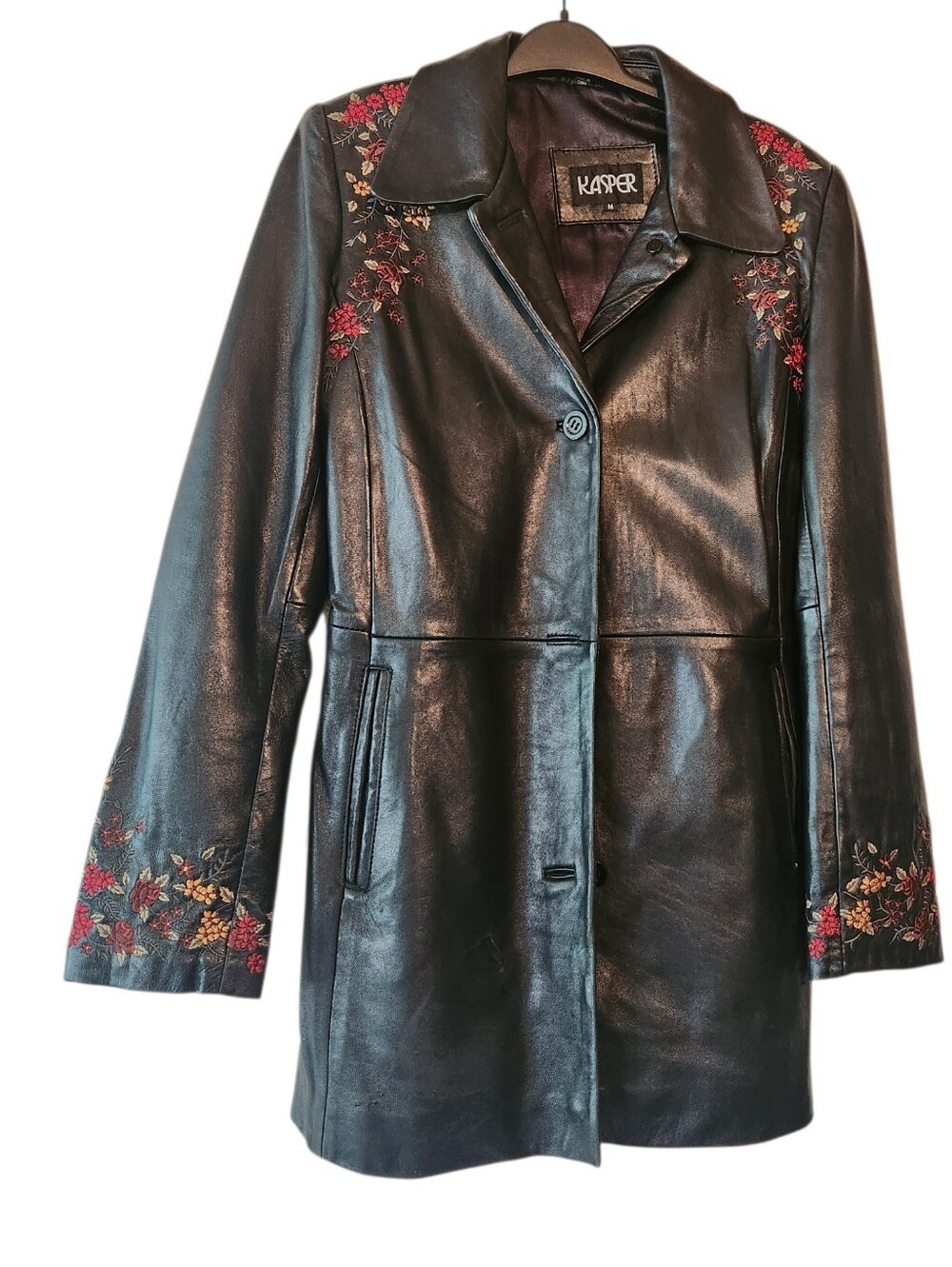 Vintage Kasper Black Floral Embroidered Leather Blazer ladies Medium EUC $72